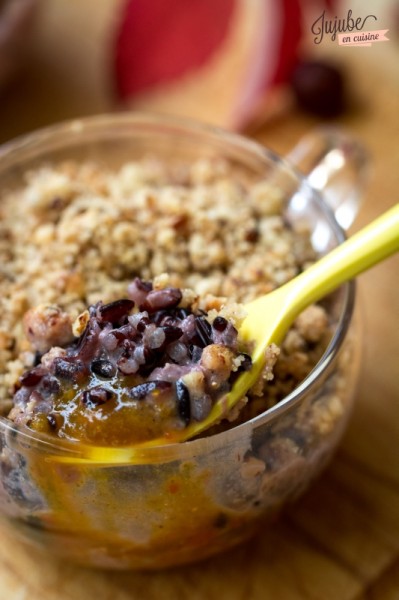 Riz noir Vénéré au lait, confiture de potimarron aux zestes d'orange et crumble de noisette à la farine de châtaigne